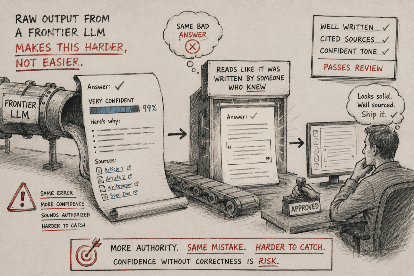 Illustration: raw output from a frontier LLM makes this harder, not easier — same error, more confidence, passes review.