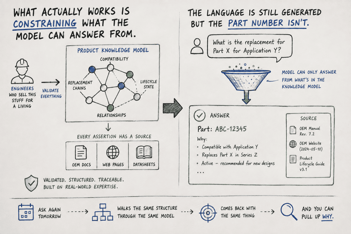 Illustration: constraining what the model can answer from — a validated product knowledge model where the language is generated but the part number isn’t.