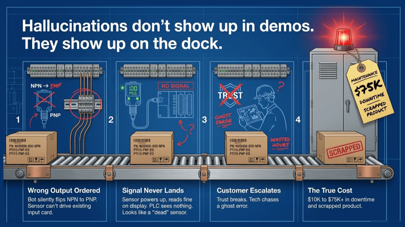 Slide: "Hallucinations don’t show up in demos. They show up on the dock." The NOSHOK pressure transmitter crossover — wrong output ordered, signal never lands, customer escalates, true cost $10K to $75K+.