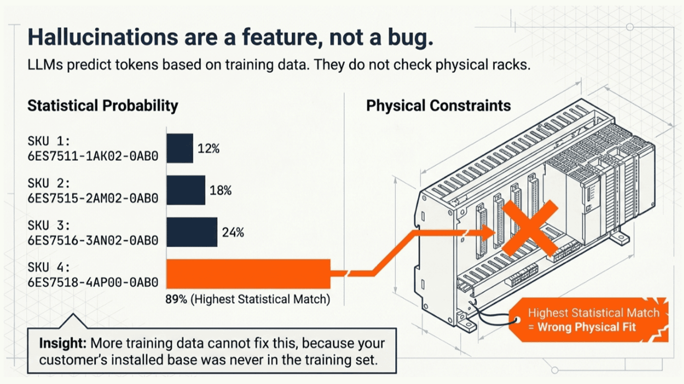 Slide: "Hallucinations are a feature, not a bug." Four real Siemens CPUs with the model’s statistical confidence spread across them; the 89% highest-probability match is the wrong physical fit.