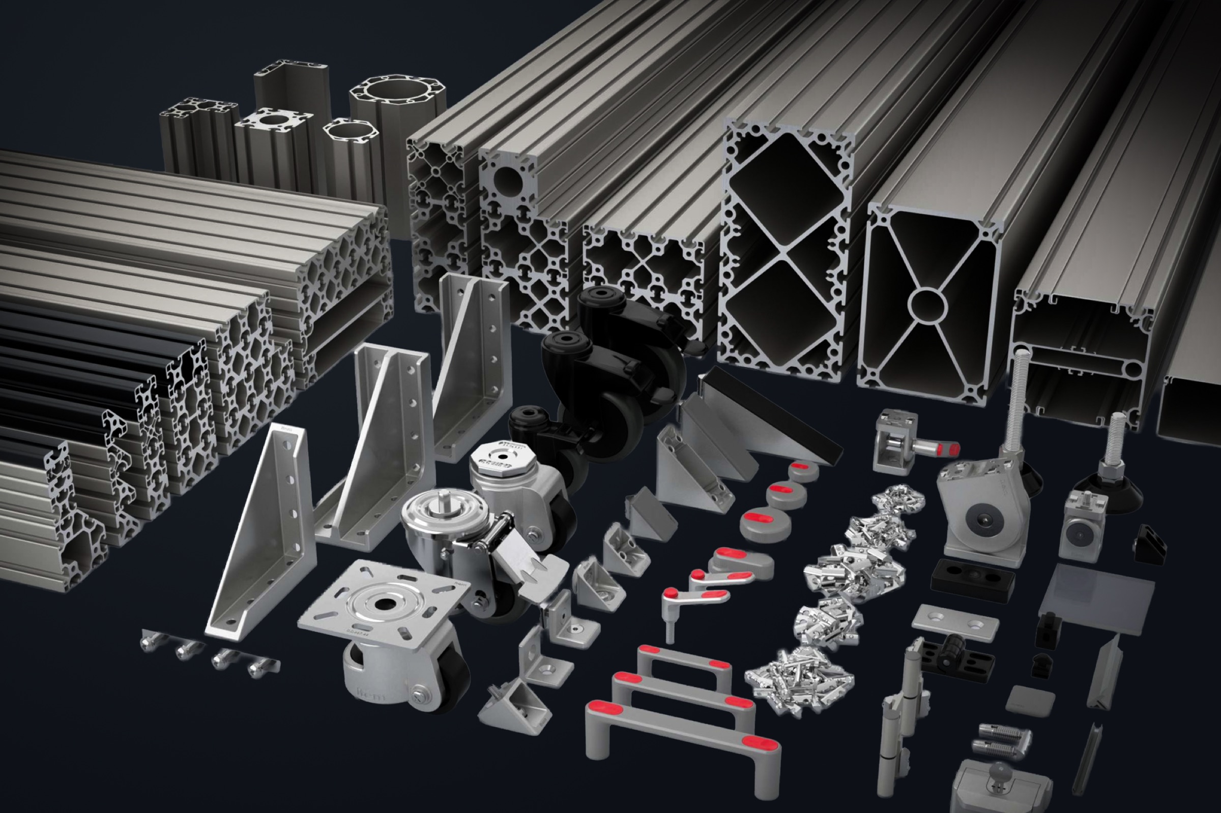 The item MB Building Kit System: aluminum profiles, brackets, casters, and fastening components.
